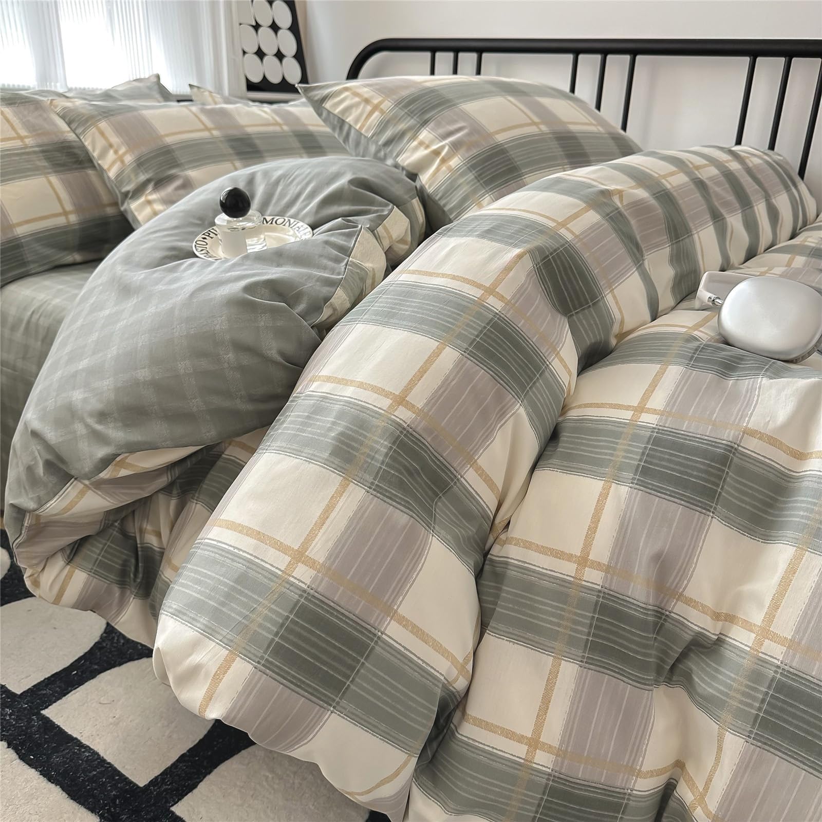 Amazon.com: Green Plaid Duvet Cover Queen Soft Cotton Grid Plaid